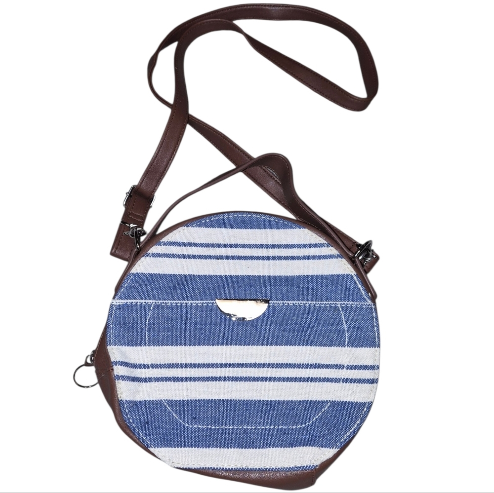 Round Blue Striped Crossbody Bag with Brown Trim